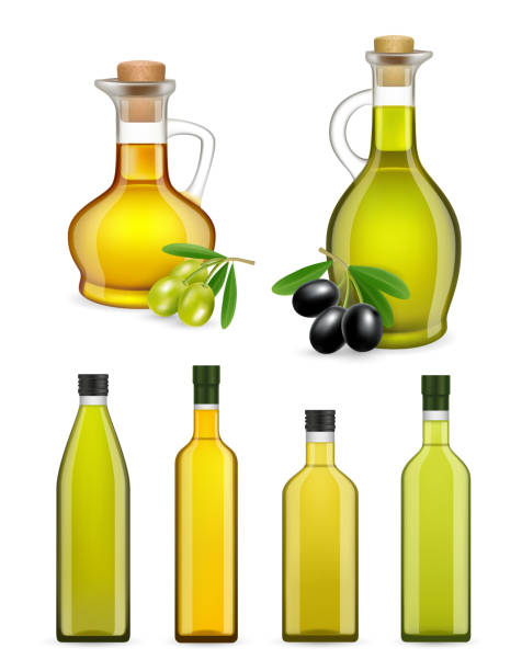 wektor realistyczne szklane butelki z oliwą z oliwek i słoiki zestaw - olive oil bottle olive cooking oil stock illustrations