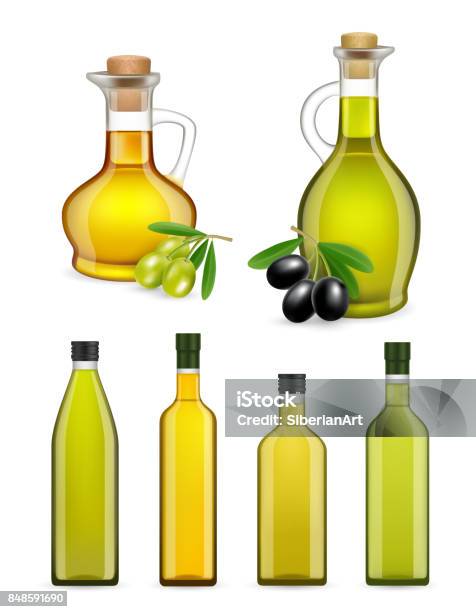 Vector Realistic Glass Olive Oil Bottles And Jars Set - Arte vetorial de stock e mais imagens de Óleo de Cozinha