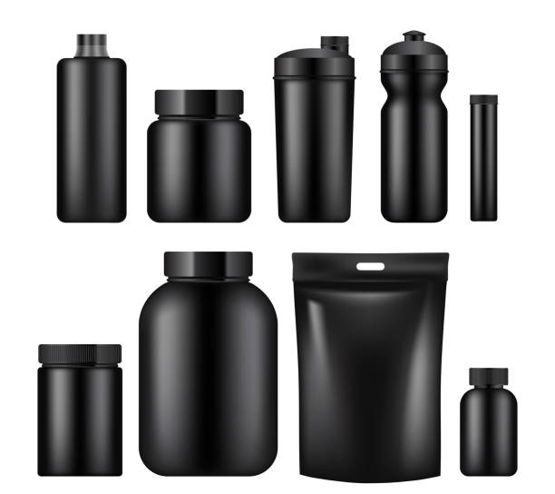 벡터 스포츠 영양 컨테이너 템플릿 세트 - white black plastic packaging stock illustrations