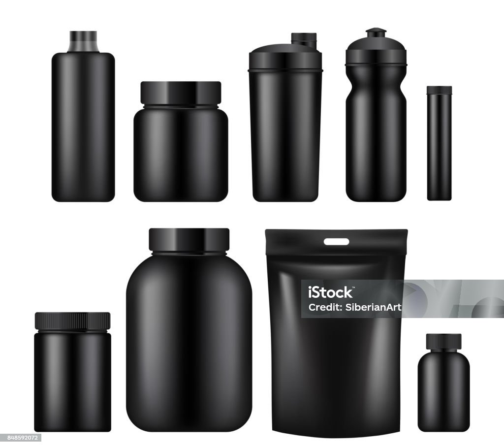 Vector sport nutrition container template set Vector set of sport nutrition container templates isolated on white background. Realistic black plastic jars, foil packages and drink bottles. Bottle stock vector