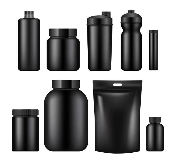 Vector sport nutrition container template set Vector set of sport nutrition container templates isolated on white background. Realistic black plastic jars, foil packages and drink bottles. bodybuilding supplement stock illustrations