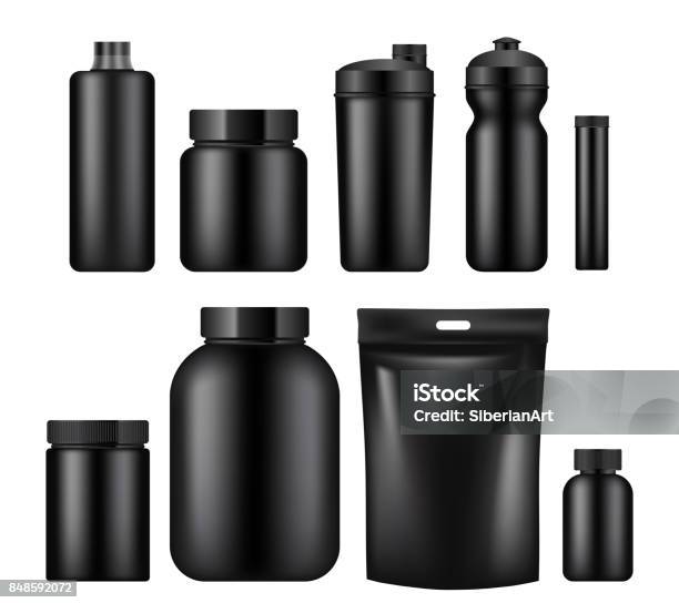 Vector Sport Nutrition Container Template Set Stock Illustration - Download Image Now - Bottle, Black Color, Protein Drink