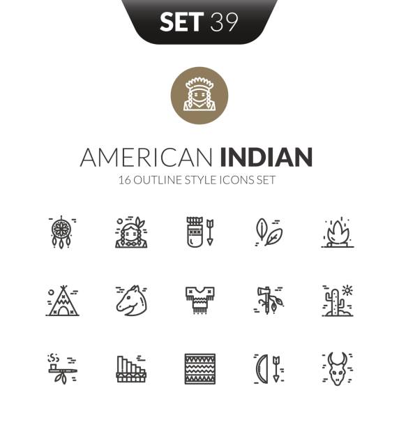 kontur czarne ikony ustawione w cienkim nowoczesnym stylu - indian symbol stock illustrations