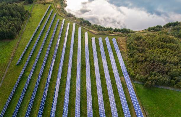 istock Aerial view on solar farm. Alternative energy from sun 848595108