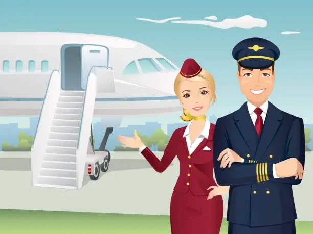 Vector illustration of Pilot and Flight attendant of Commercial Airlines with the background of airplane