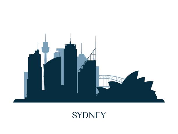 Sydney skyline, monochrome silhouette. Vector illustration. Sydney skyline, monochrome silhouette. Vector illustration. sydney stock illustrations