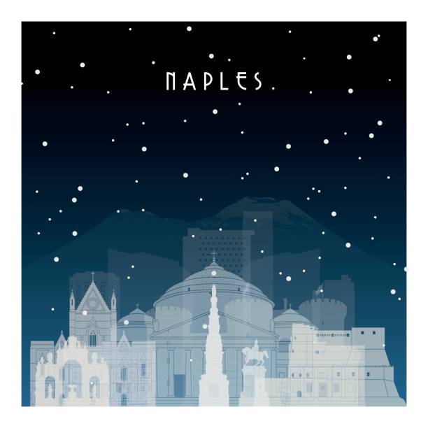 Winter night in Naples. Night city in flat style for banner, poster, illustration, game, background. Winter night in Naples. Night city in flat style for banner, poster, illustration, game, background. snow storm city stock illustrations