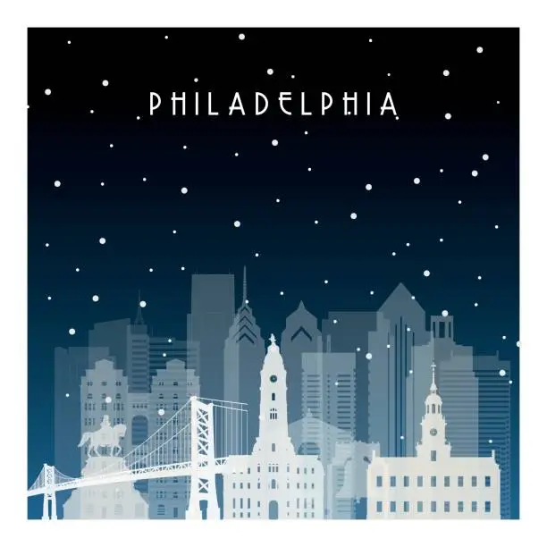 Vector illustration of Winter night in Philadelphia. Night city in flat style for banner, poster, illustration, game, background.