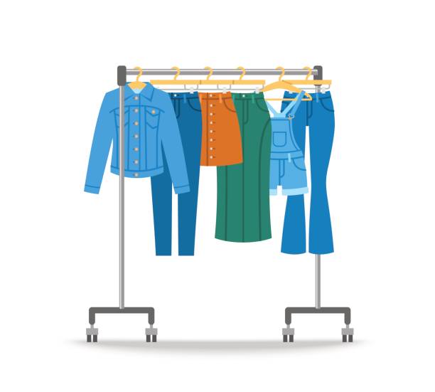 Women jeans clothes hanging on hanger rack vector art illustration