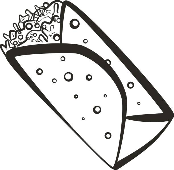 Black isolated outline burrito icon Black isolated vector outline burrito icon. Minimalistic cartoon linear mexican burritos symbol for fast food restaurant or cafe menu, advertisement, banner, web design shredded chicken stock illustrations
