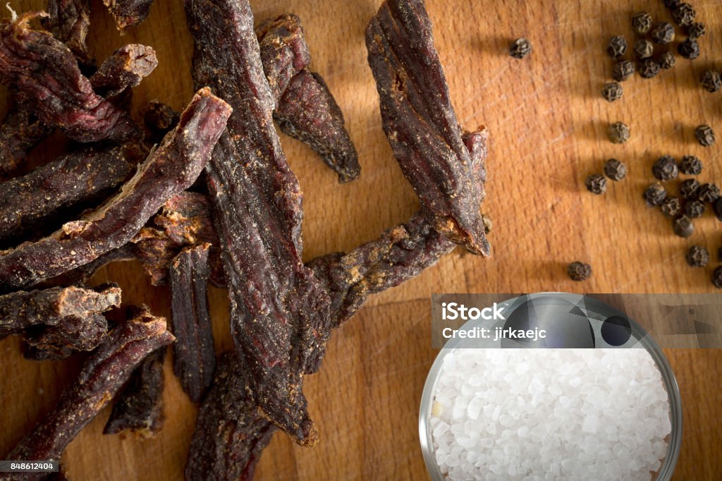 beef jerky beef jerky on kitchen table Beef Stock Photo