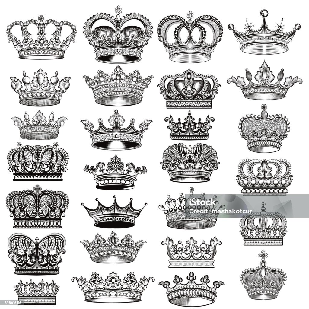 Big vector set of hand drawn detailed crowns for design Mega big set of vector hand drawn filigree crowns in vintage style Queen - Royal Person stock vector