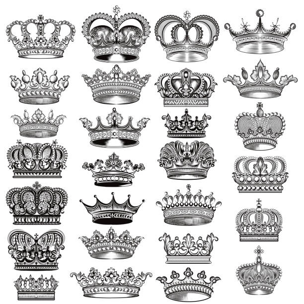 Big vector set of hand drawn detailed crowns for design Mega big set of vector hand drawn filigree crowns in vintage style queen crown stock illustrations