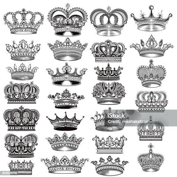 Big Vector Set Of Hand Drawn Detailed Crowns For Design Stock Illustration - Download Image Now