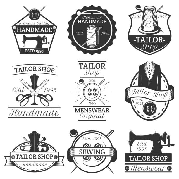 빈티지 재단사 레이블 벡터 세트 - retail workshop store tailor stock illustrations