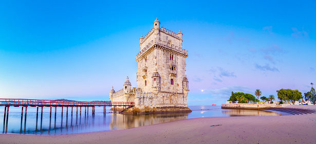 The Belem Tower (Torre de Belem), Lisbon, Portugal. At the margins of the Tejo river, it is an iconic site of the city. Originally built as a defence tower, today it is used as a museun.