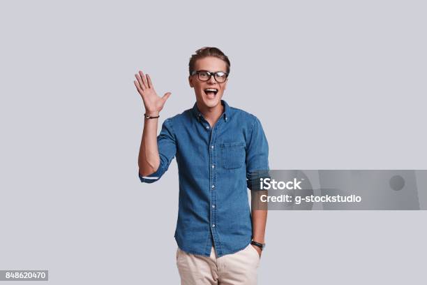 Hey Stock Photo - Download Image Now - Men, Greeting, Waving - Gesture