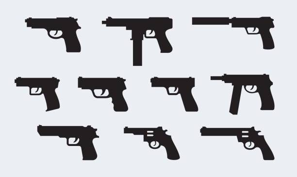 ilustraciones, imágenes clip art, dibujos animados e iconos de stock de conjunto de vectores de siluetas de pistolas modernas - arma de mano