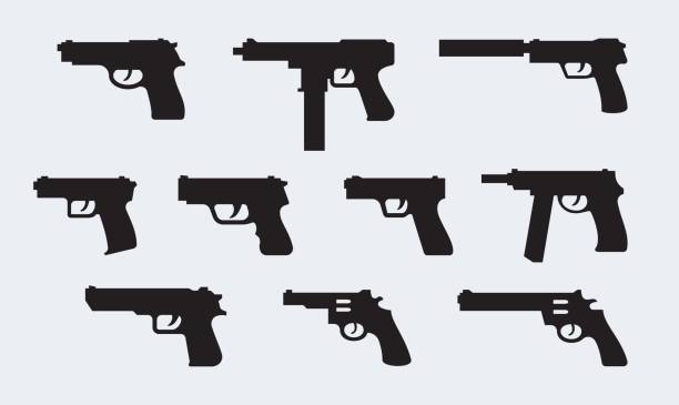 ilustrações de stock, clip art, desenhos animados e ícones de vector set of silhouettes of modern pistols - armamento