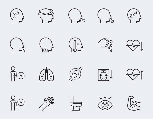 Illness symptoms vector icon set in thin line style Illness symptoms vector icon set in thin line style retching stock illustrations