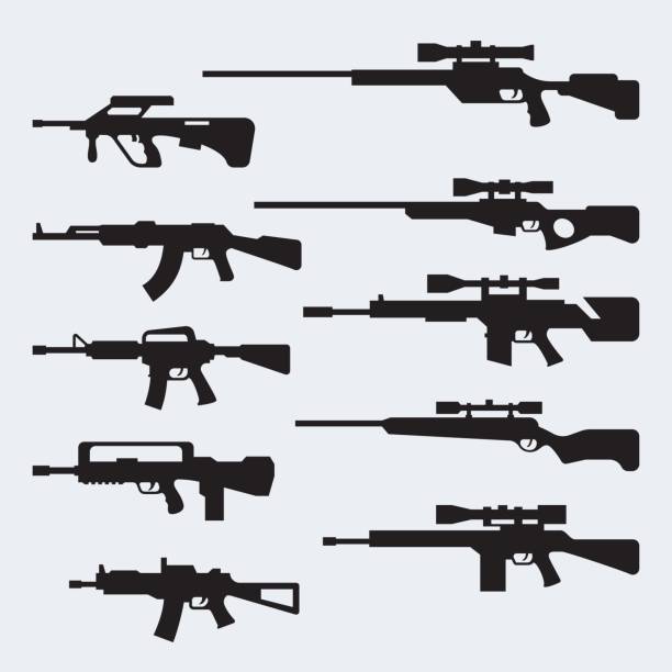 ilustraciones, imágenes clip art, dibujos animados e iconos de stock de vector conjunto de siluetas de asalto moderno y rifles de francotirador - visor de un rifle