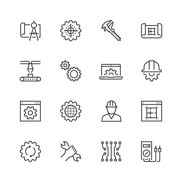 Engineering and manufacturing vector icon set in thin line style Engineering and manufacturing vector icon set in thin line style caliper stock illustrations