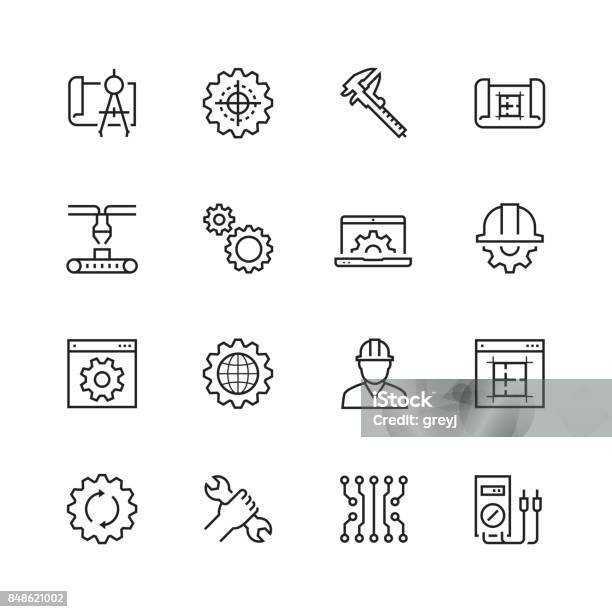 Engineering And Manufacturing Vector Icon Set In Thin Line Style Stock Illustration - Download Image Now