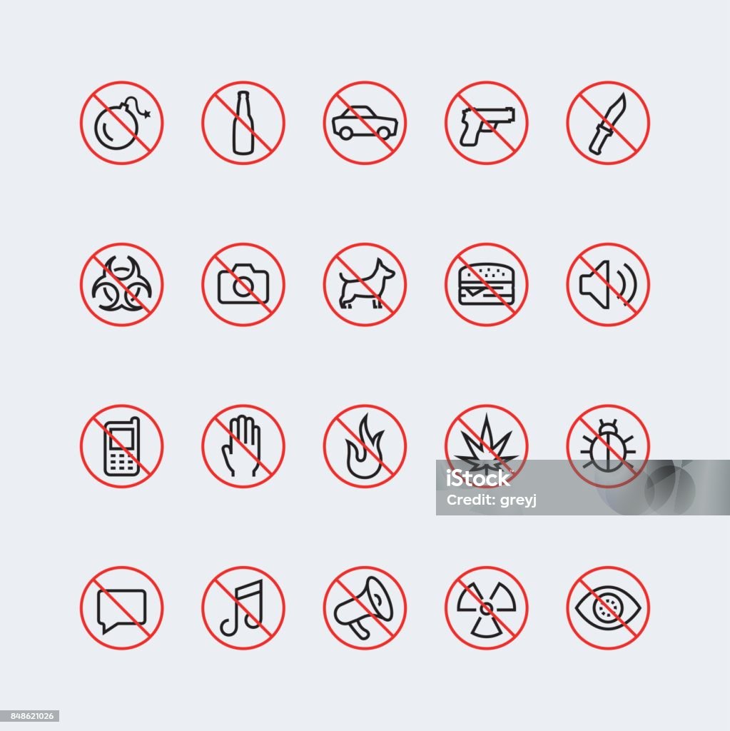 Panneaux d’interdiction et les icônes dans le style de ligne fine - clipart vectoriel de Interdit libre de droits