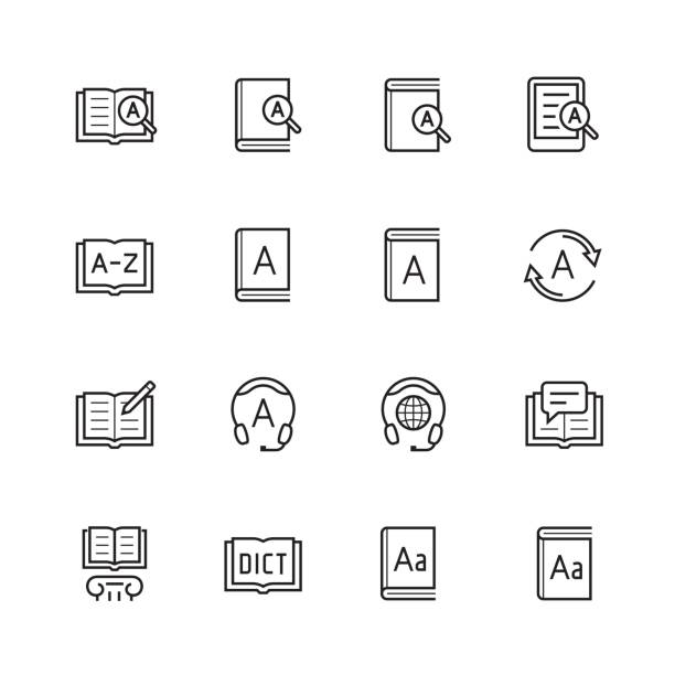 ilustrações de stock, clip art, desenhos animados e ícones de dictionary, vocabulary book icon set in thin line style - open concept audio