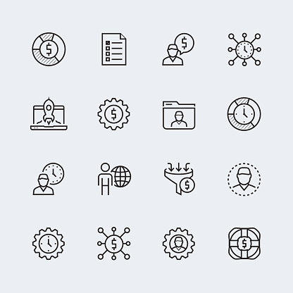 Time management, money management, business related vector icon set in thin line style