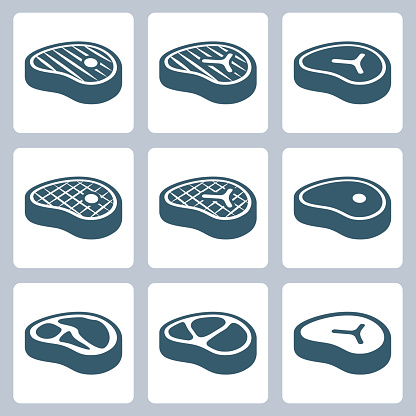 Steak silhouettes, raw and grilled meat icon set