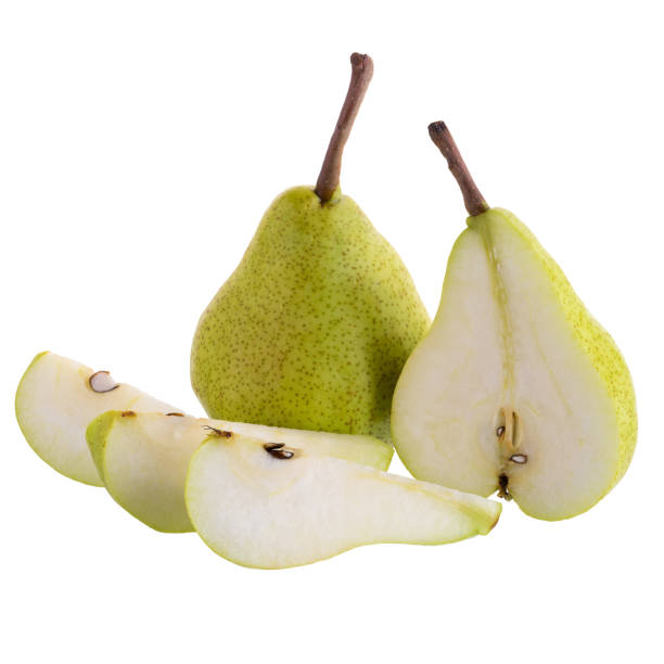 istock Ripe green pears with half and slice isolated on a white background 848624720