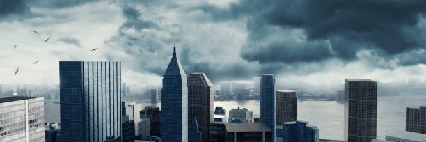 istock 3d rendering of dramatic cityscape with high building in front of stormy clouds 848628404