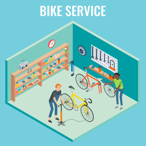 Vector 3d isometric bike service concept illustration Vector 3d isometric sectional view bike service concept illustration. Cutaway interior of bicycle repair shop with mechanics. bike workshop stock illustrations