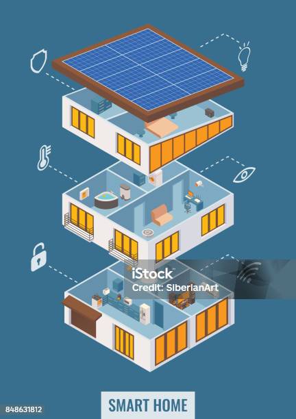 Vector Flat 3d Isometric Smart Home In Cut View Stock Illustration - Download Image Now - Building Story, House, Building Exterior