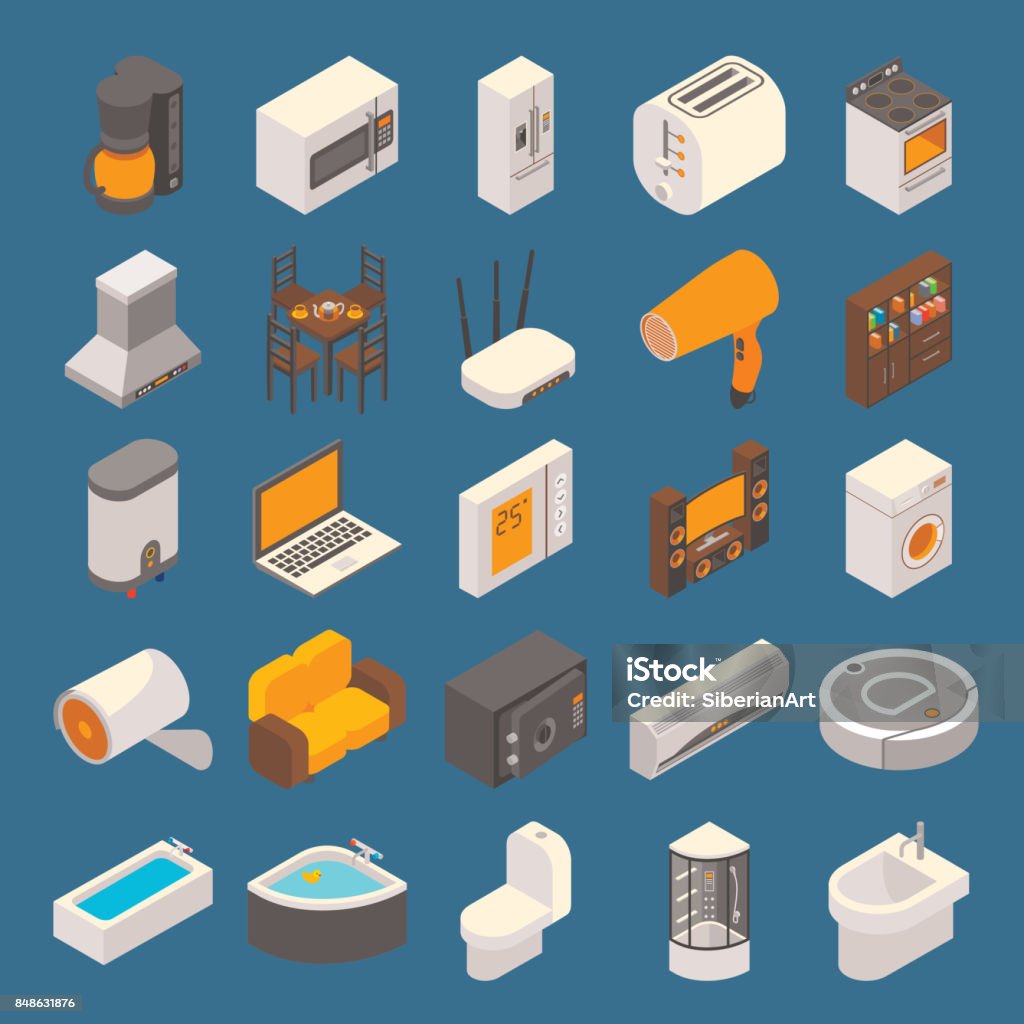 Vector smart home flat 3d isometric icon set Vector smart home icon set. Flat isometric home appliances, computer equipment and furniture symbols, design elements. Isometric Projection stock vector