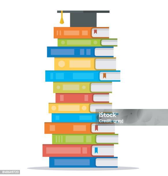 Sheaf Of Colorful Books With Square Academic Cap On Top Of It Vector Flat Design Style Illustration Stock Illustration - Download Image Now