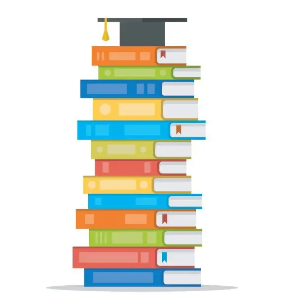 Vector illustration of Sheaf of colorful books with square academic cap on top of it. Vector flat design style illustration