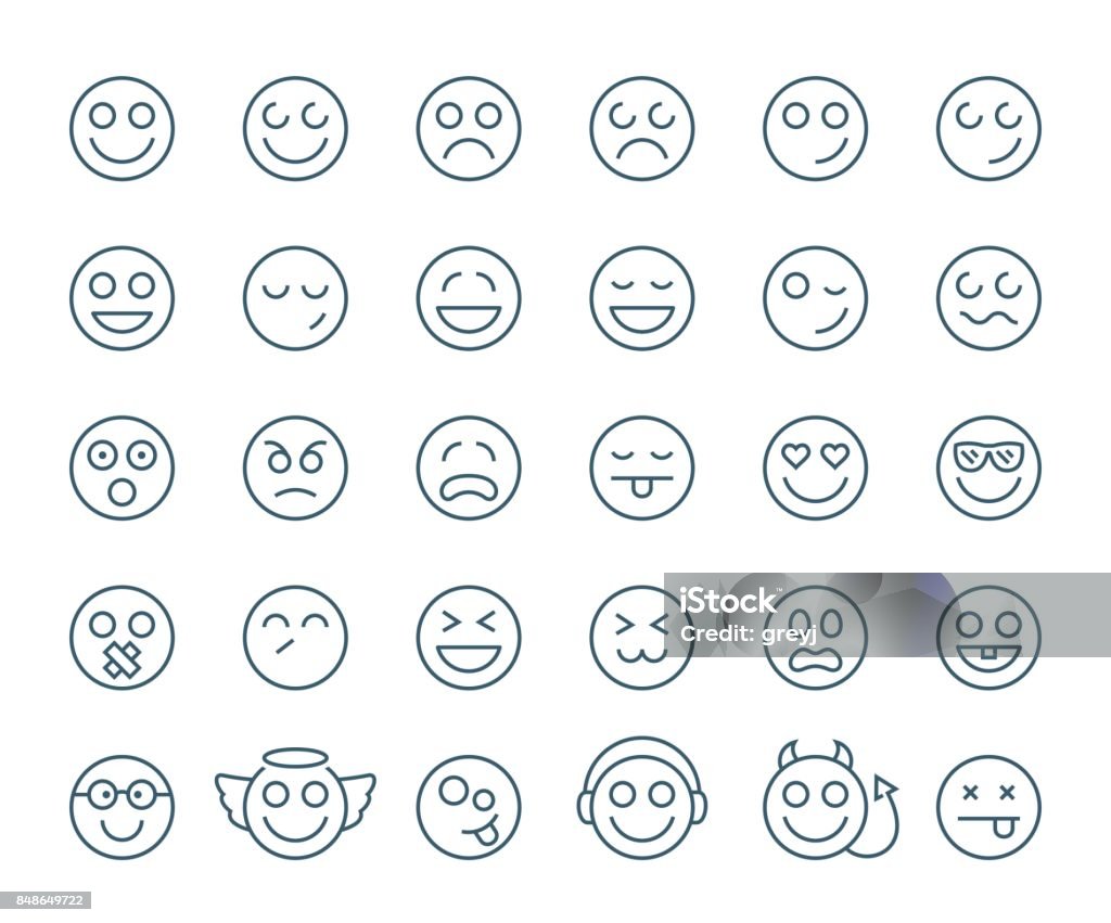 Reihe von dünne Linie Lächeln Emoticons oder Smileys auf weißem Hintergrund. Icon-Sammlung - Lizenzfrei Emoticon Vektorgrafik