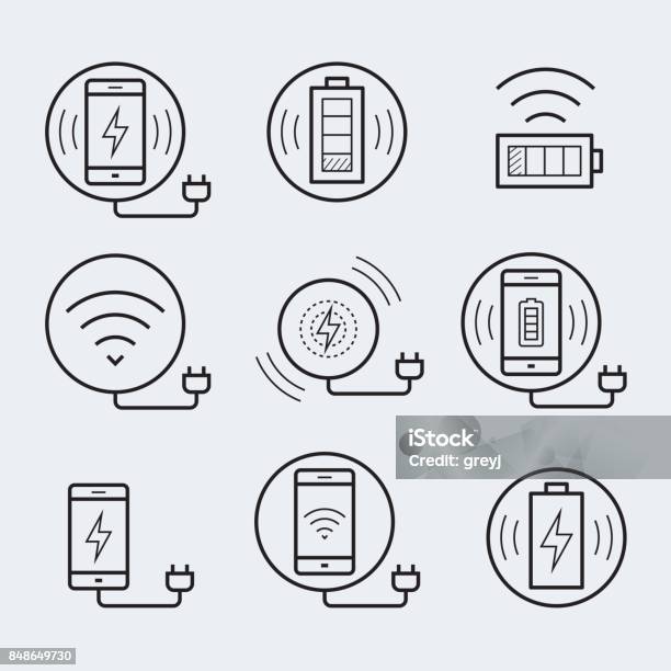 Wireless Charger For Smartphone Or Tablet Icon Set Stock Illustration - Download Image Now - Charging, Icon Symbol, Telephone