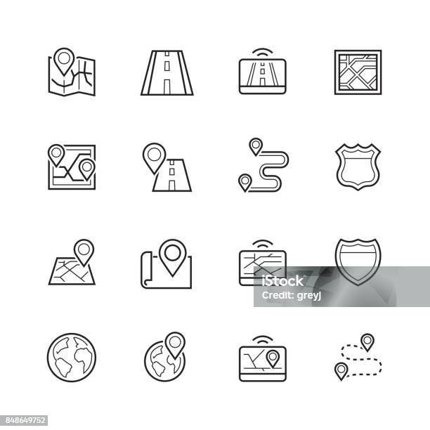 Navigation Direction Maps Traffic Thin Line Icon Set Stock Illustration - Download Image Now