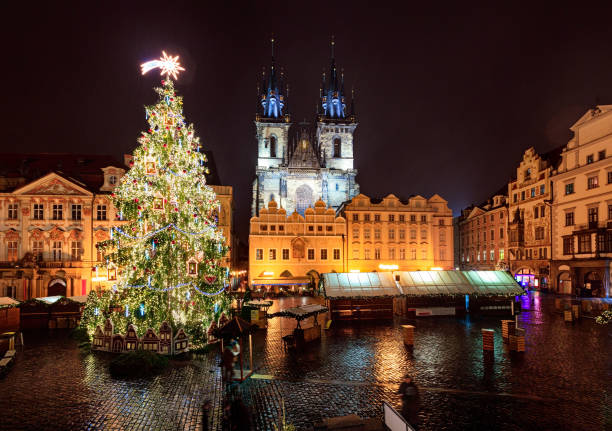 istock Prague old town square with Christmas market decorations at night. 848655050