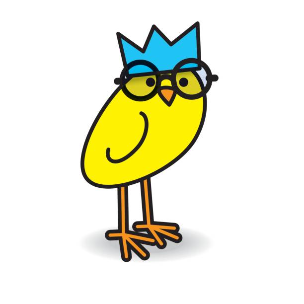 ilustrações de stock, clip art, desenhos animados e ícones de yellow chick wearing party hat and round black spectacles turning head - party hat hat white background blue