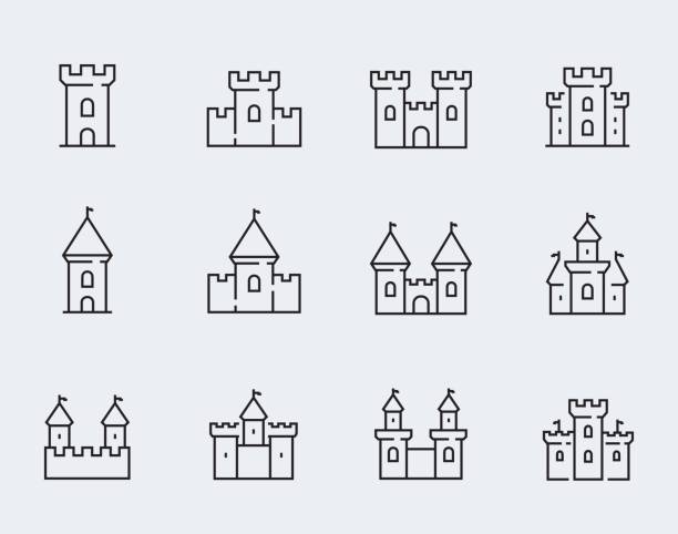 stockillustraties, clipart, cartoons en iconen met vector middeleeuwse kastelen pictogrammenset in dunne lijnstijl - fortress