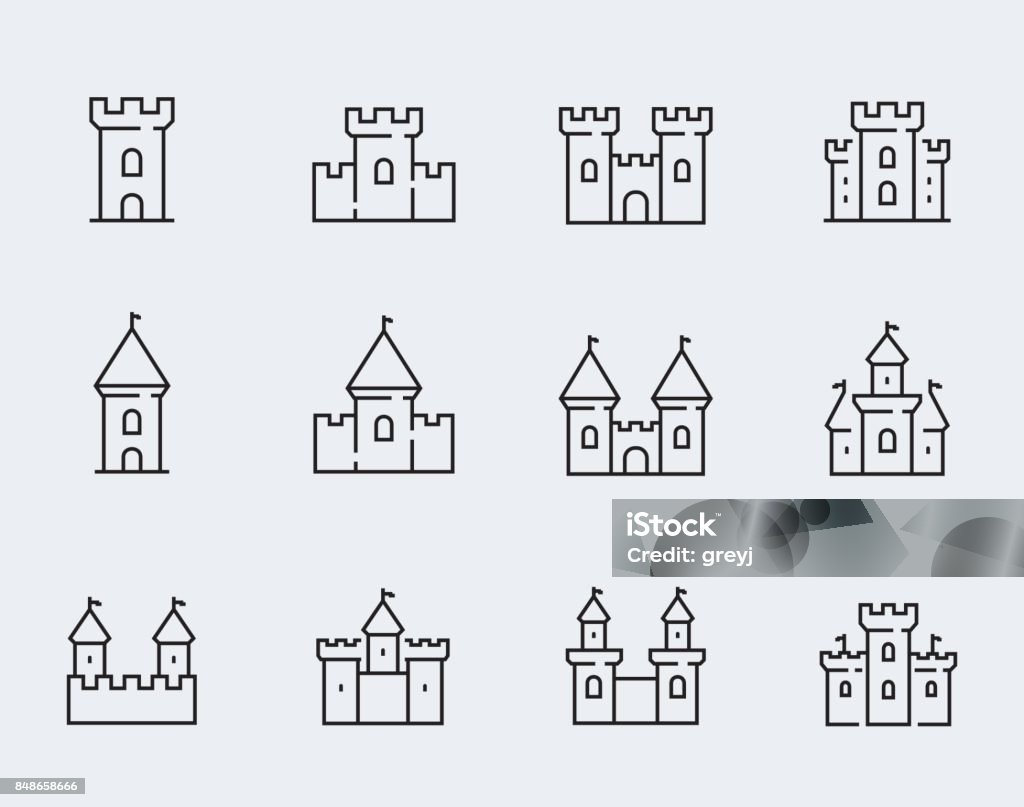 Vector medieval castles icon set in thin line style Castle stock vector