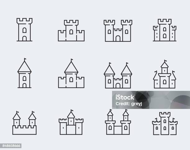 Vector Medieval Castles Icon Set In Thin Line Style Stock Illustration - Download Image Now