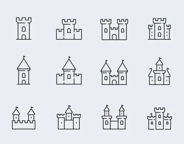 Vector illustration of Vector medieval castles icon set in thin line style