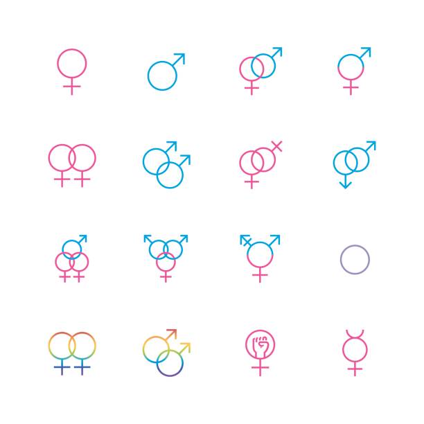 stockillustraties, clipart, cartoons en iconen met mannelijke en vrouwelijke seksuele geaardheid pictogrammenset in dunne lijnstijl - transgender