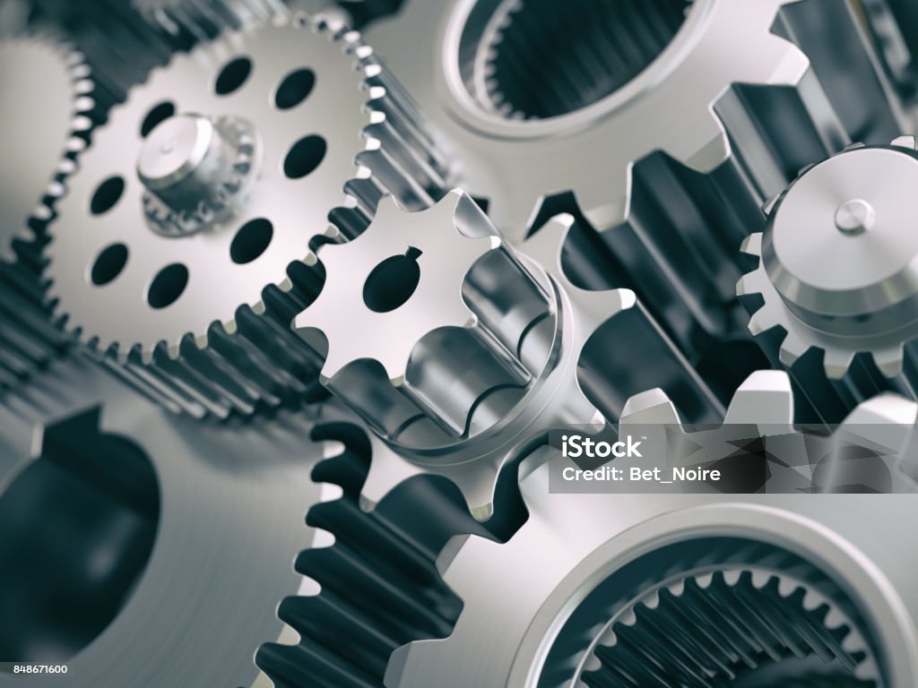 Gears and cogwheels engine  industrial background. Gears and cogwheels engine  industrial background. 3d illustrartion Gear - Mechanism Stock Photo
