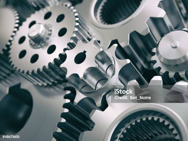 Gears And Cogwheels Engine Industrial Background Stock Photo - Download Image Now - Gear - Mechanism, Gearshift, Industry